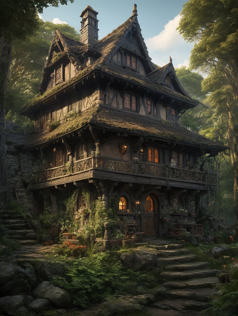 Enchanted woodland cottage in the style of an old studio Ghibli film