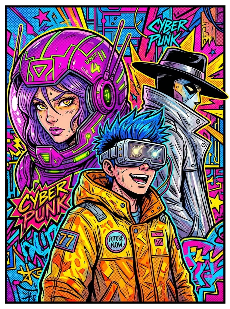 A vibrant pop-art illustration of three retro-futuristic characters featuring bold black outlines and dense halftone screentone textures. In the foreground, a youth with electric blue spiky hair wears an oversized yellow parka and a bulky silver VR headset. To the left, a figure with flowing violet hair dons a massive magenta space helmet with neon green geometric accents, gazing forward with striking yellow eyes. On the right, a partially obscured person wears a metallic silver trench coat and a wide-brimmed fedora. The composition layers the overlapping portraits against a heavily saturated backdrop, utilizing a stark complementary color palette of neon pinks, vivid yellows, and electric blues to evoke a dynamic underground comic book aesthetic.