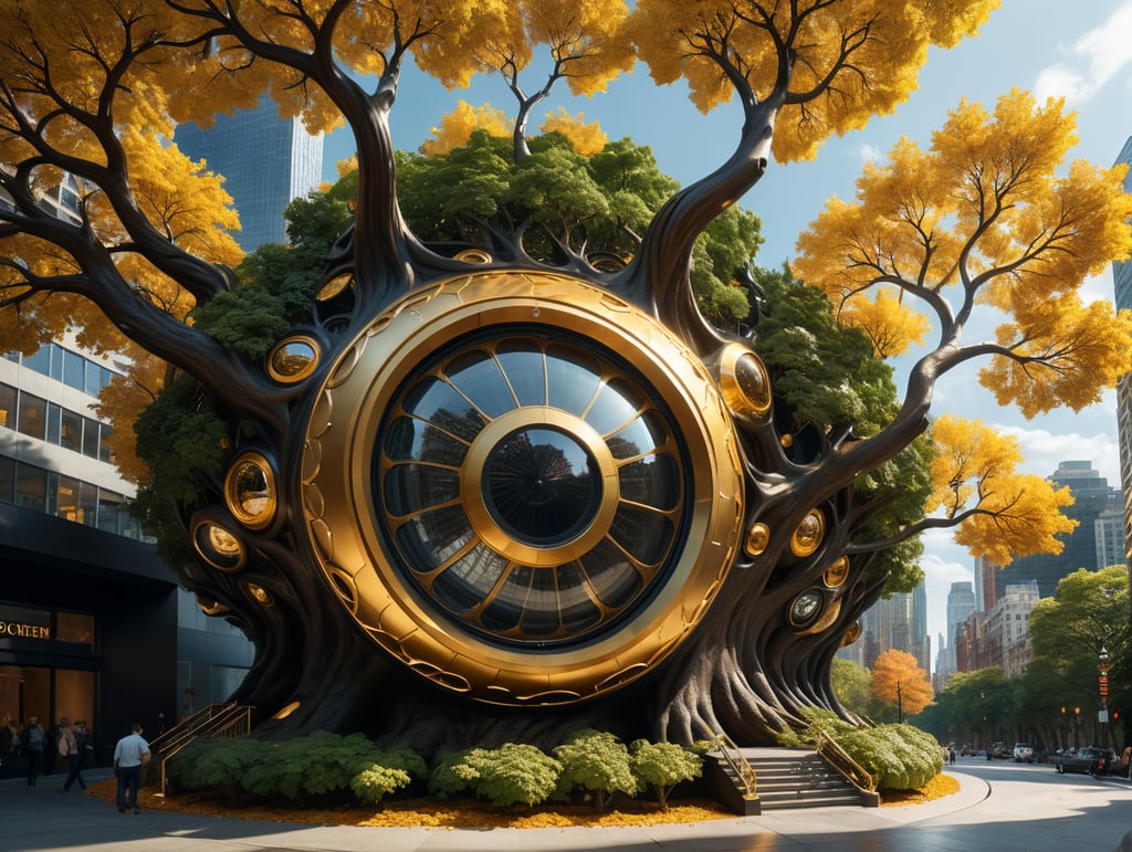 dream prompt: the craziest wide viewing angle and large view lens architectural modern style hyper realistic hyper detailed neocosmic exterior architecture design of a tree shape Fluid complex, gold geometric leaves spectrum, wood::1 white::3, Santiago Calatrava and Aaron Horkey architecture art styles, in new york city, soft ambient, night light, cinematic photo, natural lighting, camera nikon, 8k, --s1000 --style raw, you can imagine