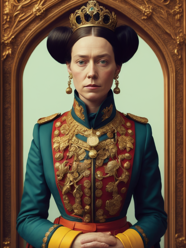 Queen Victoria, directed by wes anderson, wes anderson style, quirky, Vivid saturated colors, Contrast color, studio photo, professional photo, Rich colors, Detailed image, detailed face