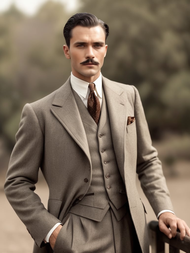 Buatkan foto pria tahun 1930 yang memakai setelan jas kuno