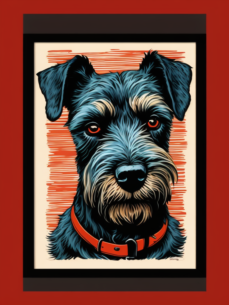 Schnauzer dog in the style of a woodblock print, black, red, faded blue