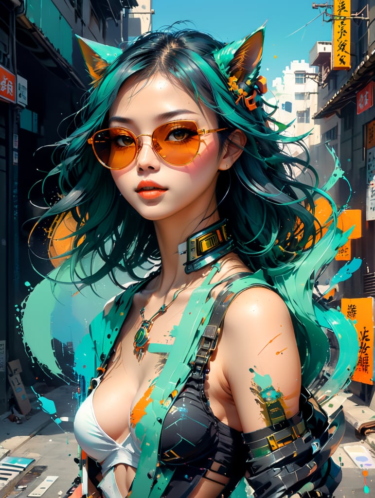 Premium AI Image, modern anime character of Chinese girl AI generated, neon, sunglasses, small cat, lizard