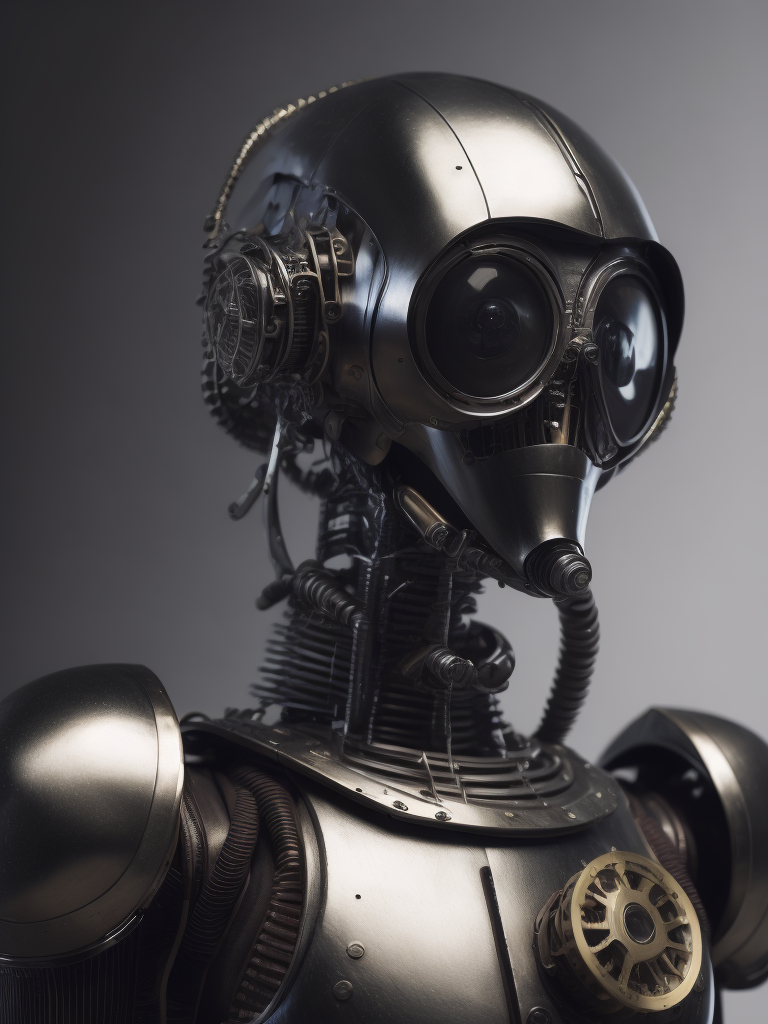 K-2SO, in the style of mechanical realism, iconic album covers, pencilsteampunk, angelcore, detailed facial features, chrome-plated, undefined anatomy