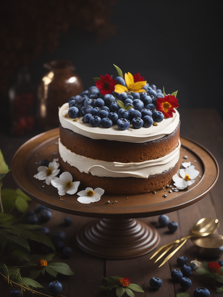 Blueberry cake with flowers, sharp on details, deep atmosphere