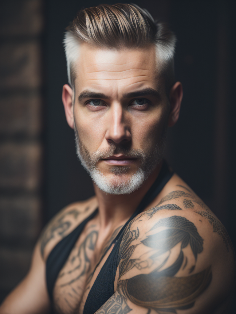 mature man, coral snake skin, tattoos