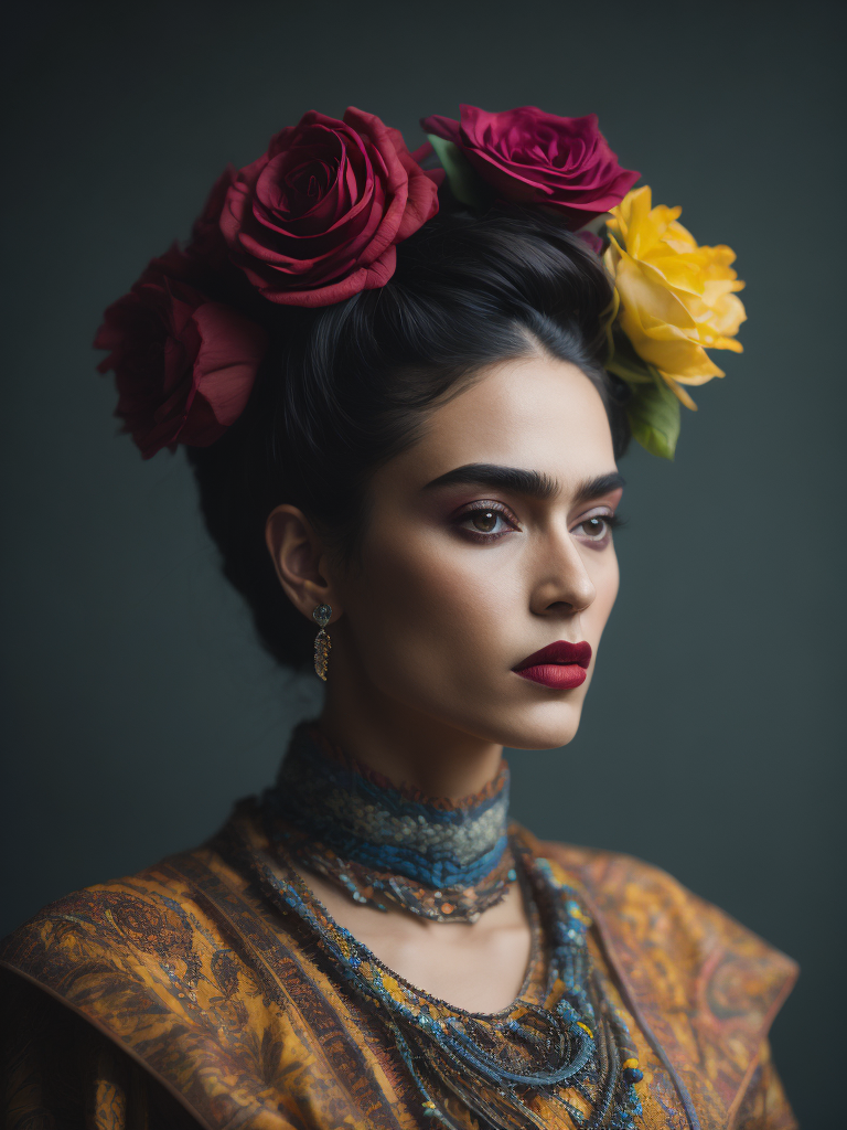 Portrait of Frida kahlo, bright and saturated colors, elegant, highly detailed, vogue, fashion magazine, sharp focus, Bright expressive makeup, Dramatic Lighting, Depth of field, Incredibly high detailed, blurred background