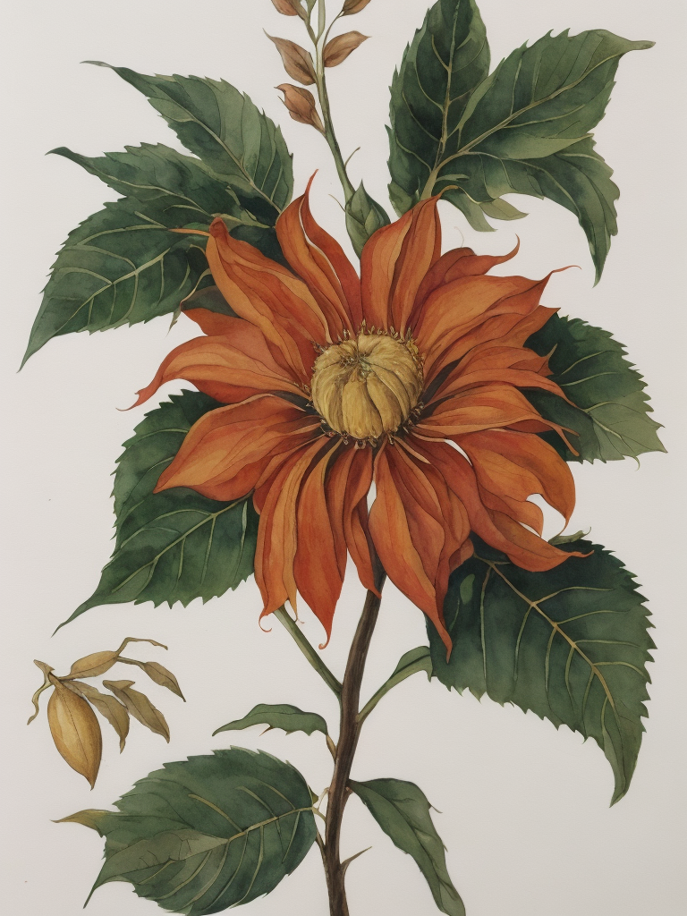 Ashoka Tree Flower, Leaves, Pod, and Seed ,Northern Renaissance,watercolor , gouache, papercraft, fading border,by Martin Schongauer and Maria Sibylla Merian