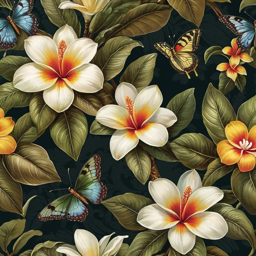 Oriental luxury floral patterns in the style of Balinese and Peranakan culture::1 trailing blousy Frangipani blooms::1.25 fabric [1 butterfly flying on a tree, Frangipani, botanical mango leaves, oriental floral] prints::5 opulent florals with an Indienne twist::olive colour:1 ostentatious feminity::1 repeating seamless pattern::4 patternbank::1 wide angle::2::flemish baroque::rococo --no watermark, text --v 4