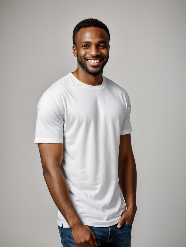 a black African man wearing white t-shirts, standing in front of black background, blank shirt no print, smiling, photo for apparel mock-up