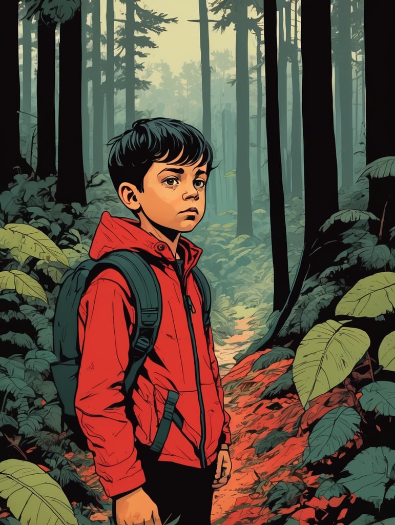 little boy lost in the forest in the style of Francesco Francavilla, red and black colors, bright colors,