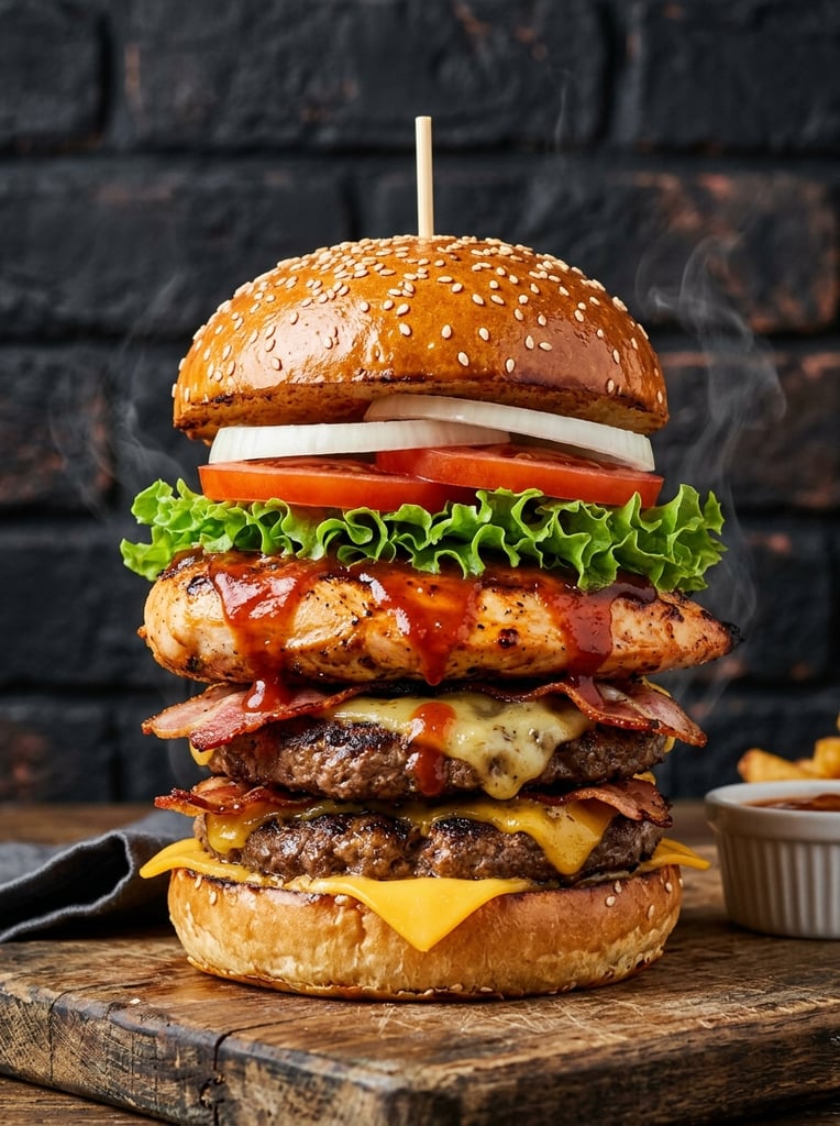 A towering, multi-layered burger stands centered against a dark charcoal brick wall. The glossy sesame seed bun crowns vibrant ruffled lettuce, bright red tomatoes, and crisp white onions. The massive protein stack features a grill-marked chicken breast dripping with rich red sauce, two thick beef patties layered with crispy bacon strips, and melting yellow cheese. High-contrast commercial food photography emphasizes the appetizing glossy textures and delicate steam rising from the hot ingredients in sharp focus.