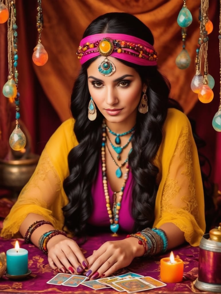 Latina Gypsy Fortuneteller bright colors tarot cards folkloric