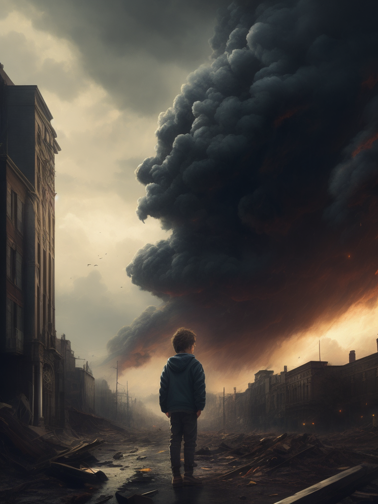 a 1child standing, sadness, oil painting, a massive swirling tornado swept through city, ultra-wide shot, destructive, natural disaster, cold color, epic composition, epic proportion, masterpiece, award winning, HD, 64K,