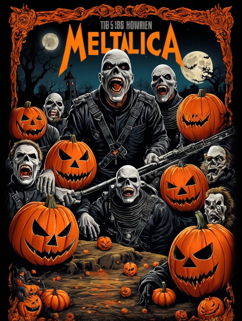 1950's b-movie horror halloween t-shirt print design featuring METALLICA ROCK BAND
