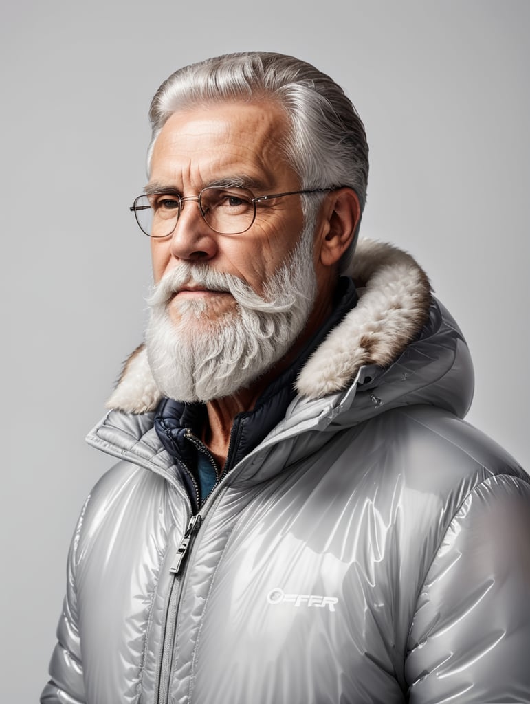 Inflatable white minimalist old man with beard puffer jacket, transparent, isolated, grey background, mockup