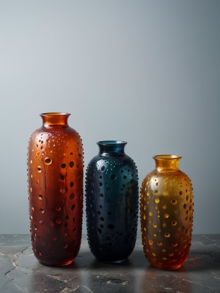Semi-transparent vase with semi-translucent trypophobia texture, tall and slender, with professional Photography Set, placed in an environment inspired by the architecture of LUIS BARRAGÁN
