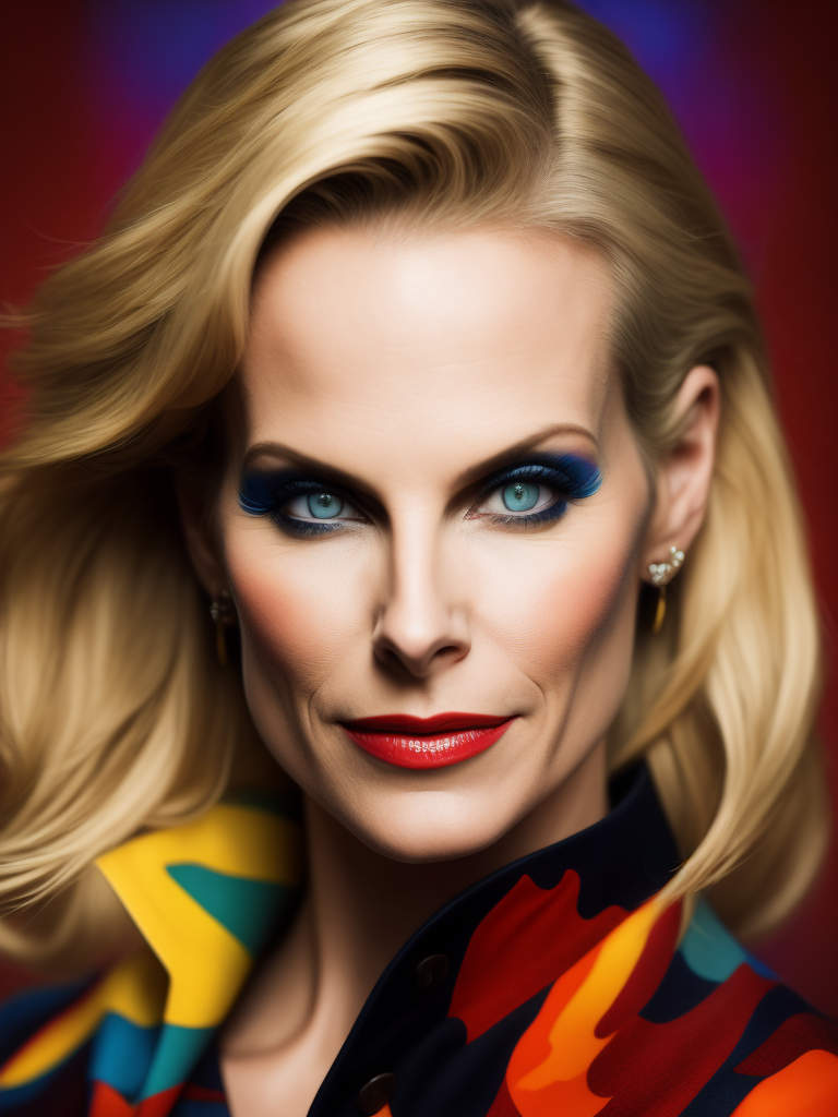 Portrait of Monica Potter, bright and saturated colors, elegant, highly detailed, vogue, fashion magazine, sharp focus, bright expressive makeup, dramatic lighting, depth of field, incredibly high detailed, blurred background