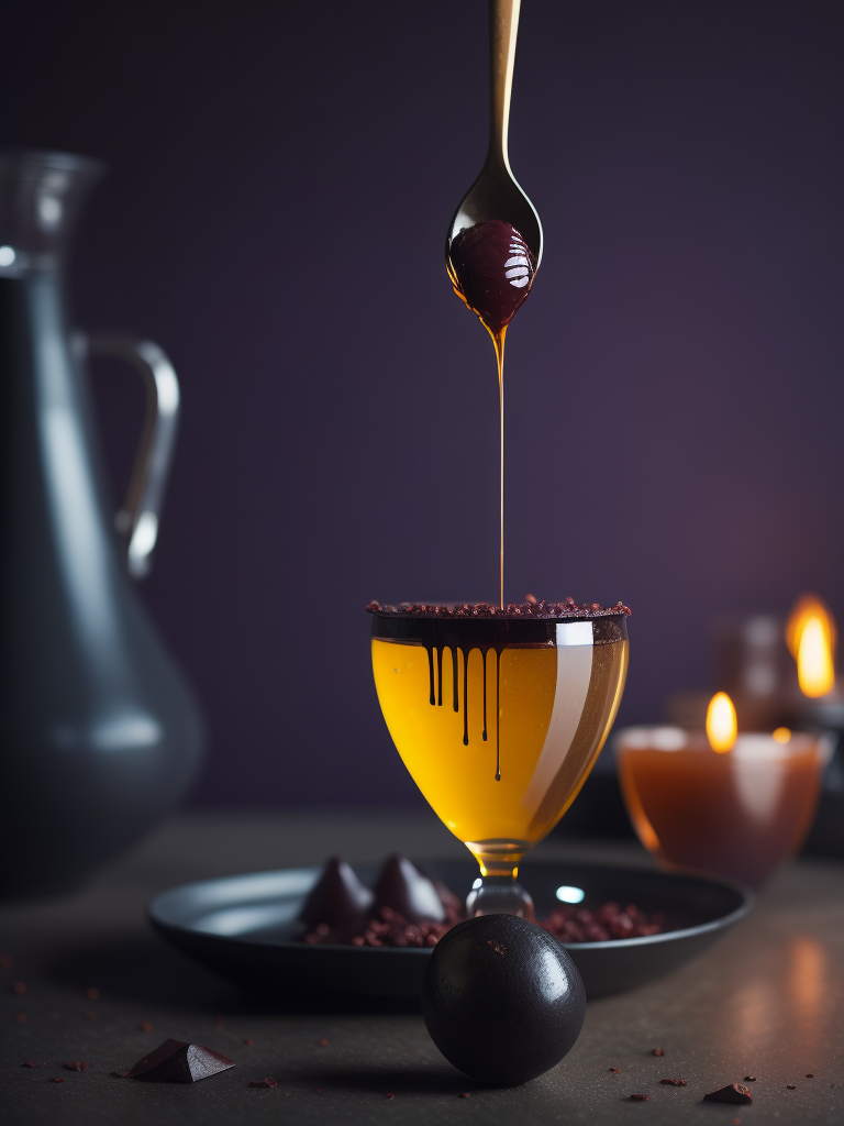 a photo of honey from the wooden spoon going down on the melted chocolate, deep purple background, deep atmosphere