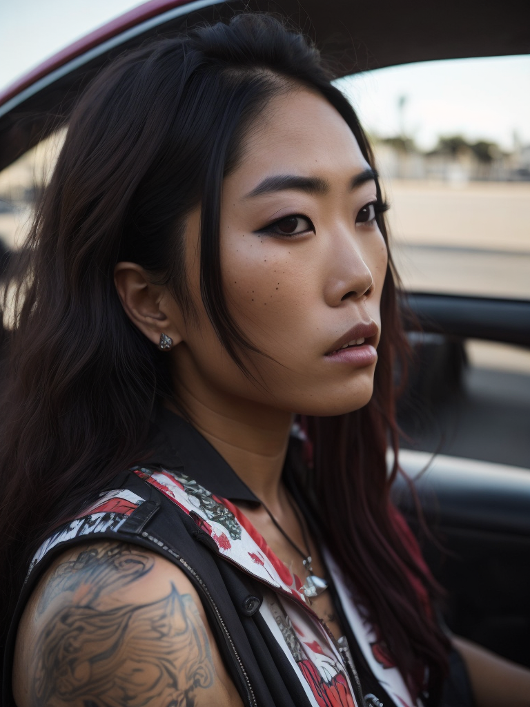 young Asian female street racing enthusiast, freckles, fashion, American muscle cars, in street race meet in LA, in the style of Hiphop art sensibilities, muscle cars, tattoos, drugcore, delicacy of touch, caffenol developing, letterboxing, coloured lights, Sacha Goldberger, psychedelic realism, ultra detailed, gloomy metropolises, mallgoth