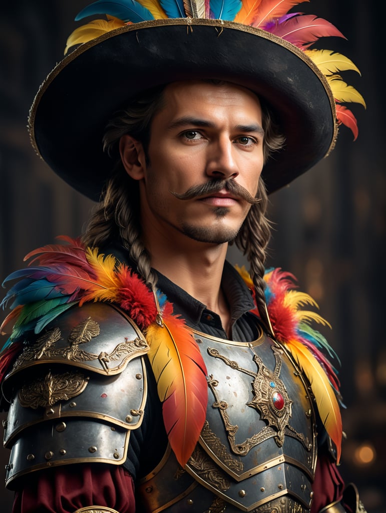 High resolution, high quality, high detail, soft lighting, cinematic lighting, realistic, DSLR, bokeh, studio quality, film grain, panorama, film grab of a young landsknecht wearing a large hat with colorful feather plumes, plate armor, black shirt, moustache, holding a very long sword, standing, simple background, 80s fantasy movie