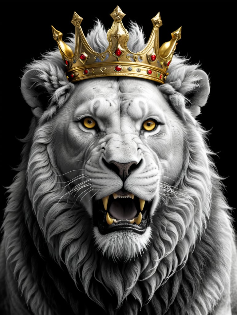 a black and white, highly detailed sketch, the imponent face of a lion with a golden crown on his head, black and white image, sketch, narrow lines, black lines, white background