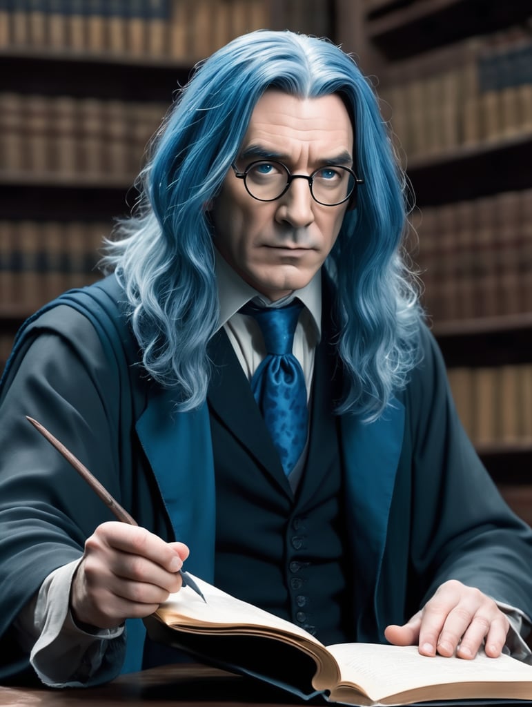 professor Snape from Harry Potter with blue hair, serious face teaching a lecture