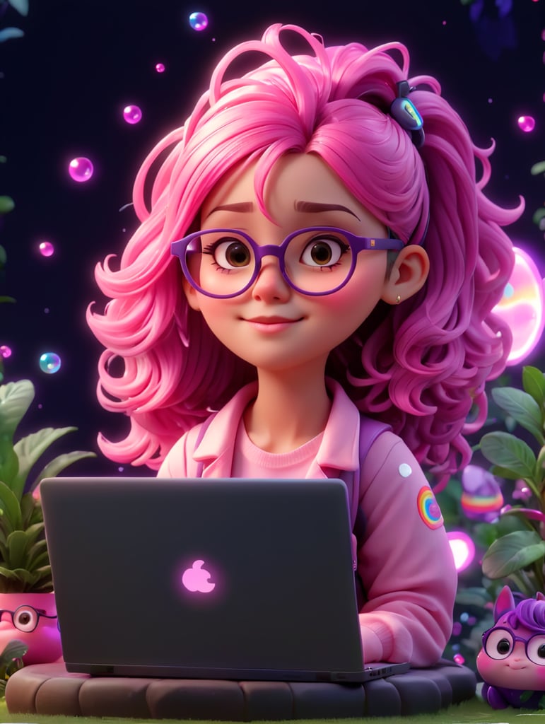A young cool girl with glasses pink scene a laptop with a no brand. make the hair pink and violet, more neon style and more plants in the background. Bubbles, unicorns, rainbows, headset, michrophone