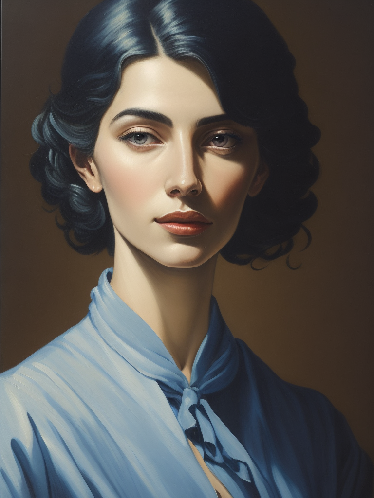 Portrait of a woman in a blue dress, Painting, Oil, Tempera, Portrait, Cubism, style of Alice Bailly