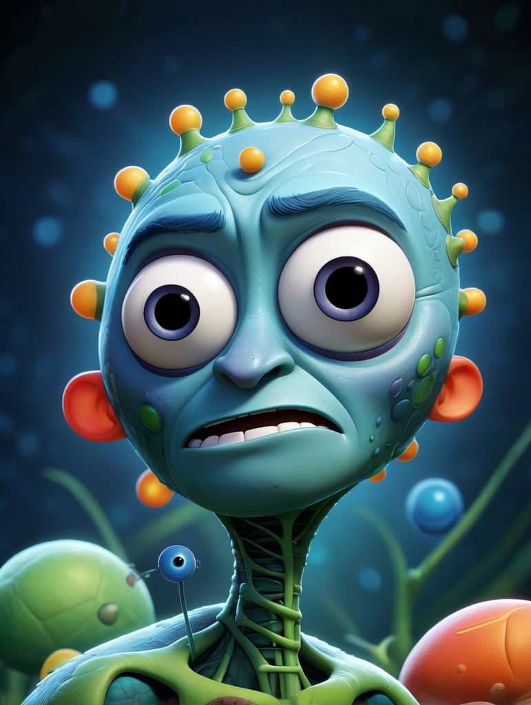 Generate a highly detailed and scientifically accurate illustration of Last Universal Common Ancestor, biology, Illustration, dna cell, abstract, morphological form, drawn facial features. Make sure that the illustration accurately depicts the structure of the cell. The final image should reflect the intricate and delicate nature of this essential cellular structure, adhering to current scientific knowledge and visual standards for accuracy