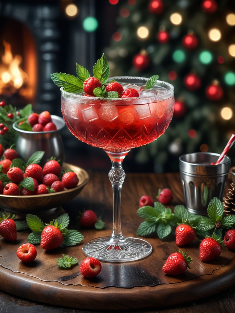 wood blurry christmas garnish with straberries and mint