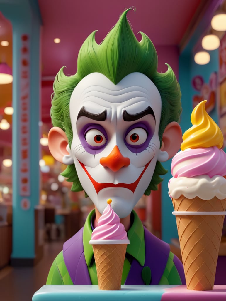 A portrait of the sad joker looking sad in an ice cream shop, in the style of a cartoon, bright and saturated colors, depth of field