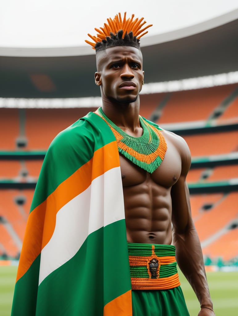 Wilfried Zaha on a stadium, dressed as an African warrior with the flag of the Ivory Coast