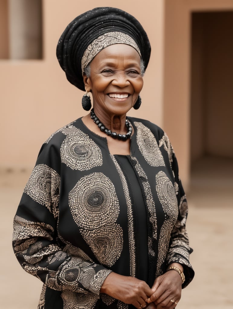 African elderly woman wearing a black African PATTERNED outfit while smiling at the camera