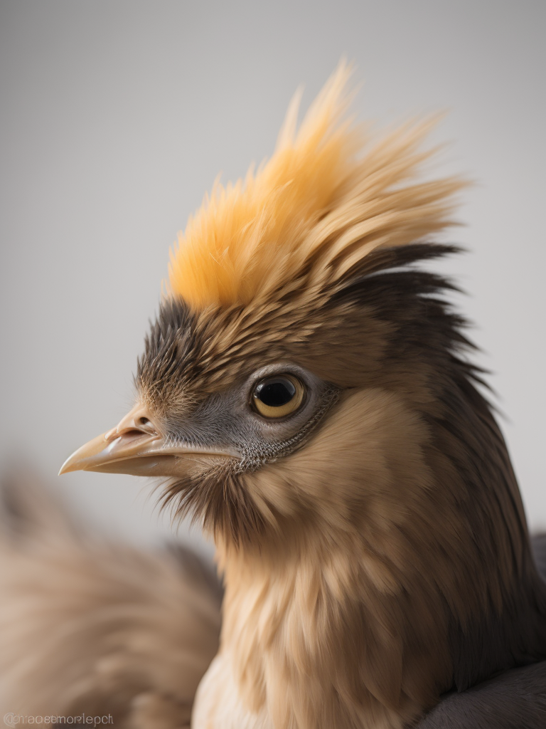 silkie bantam ( chicken) feeding on small amount grain. white background