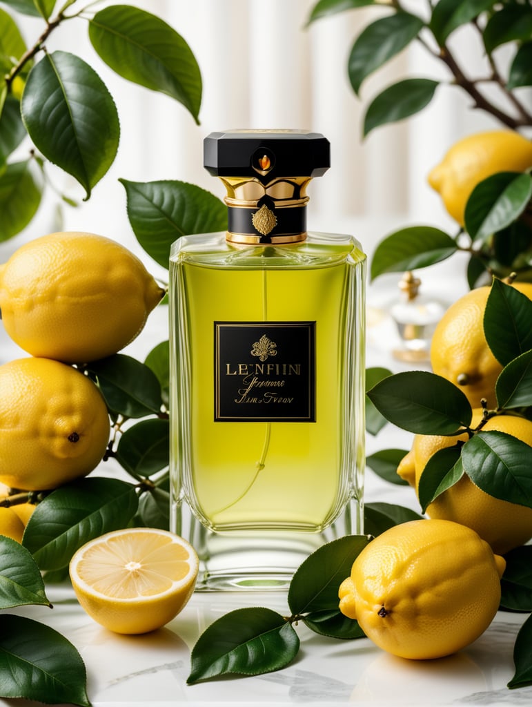 professional photography of a luxury perfume, lemon fruits around, lemon forest, green satin scarf, no label, clear, mockup