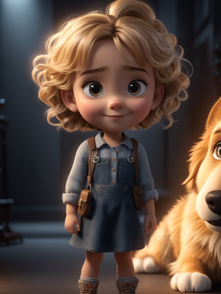 a young girl with dog, creative, and kind-hearted person with long, curly blonde hair, big eyes, small nose, and a smiling mouth, standing centered in 3D style, rendered using beautiful Disney animation, Pixar style, Disney style, 3D style