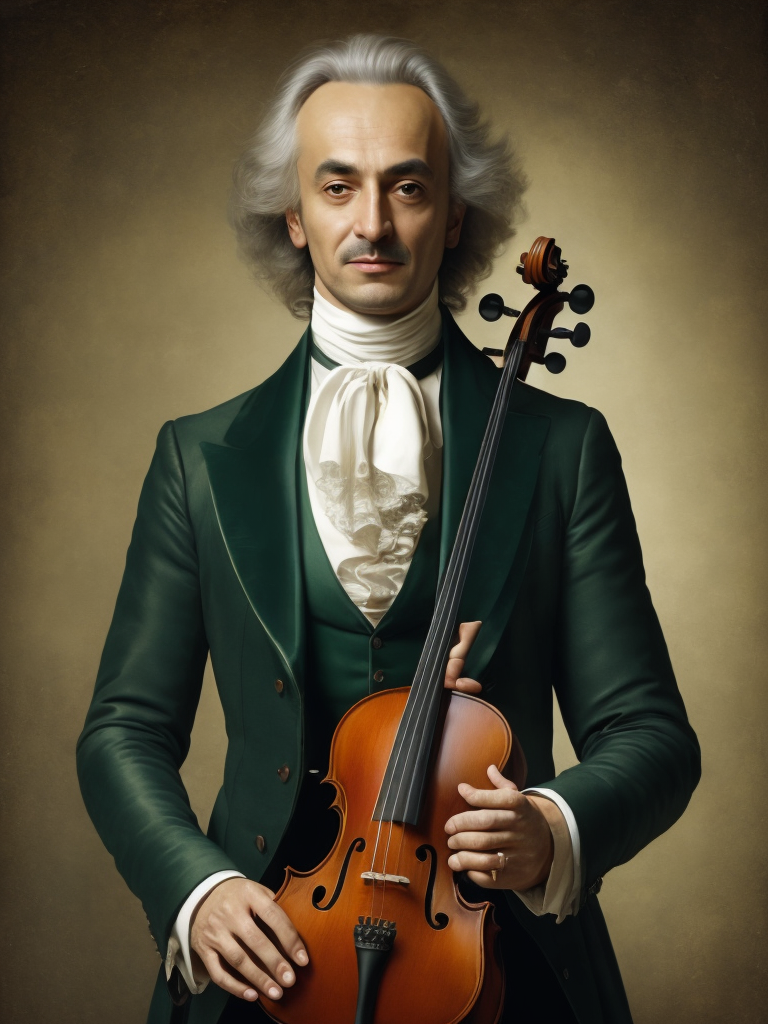 Antonio Lucio Vivaldi with a violin, in a 18th century green suit, Detailed image, detailed face,