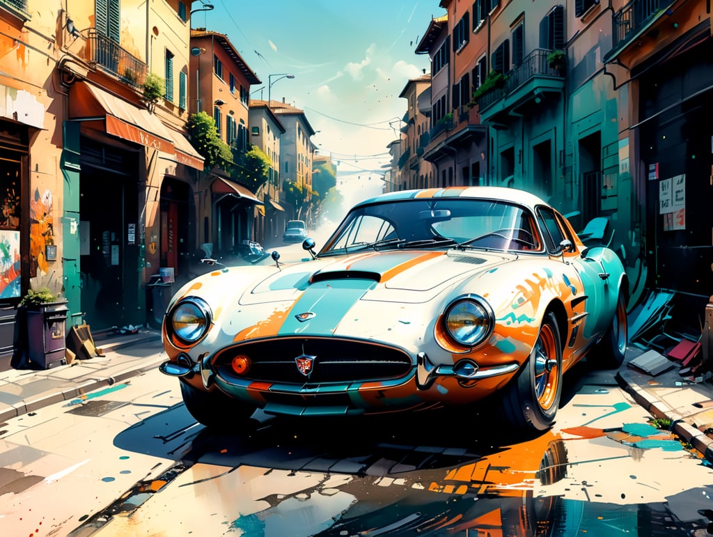 Sci fi Sports car from the 50s in an oil paint Italian style. The scene is Rome 1950s.