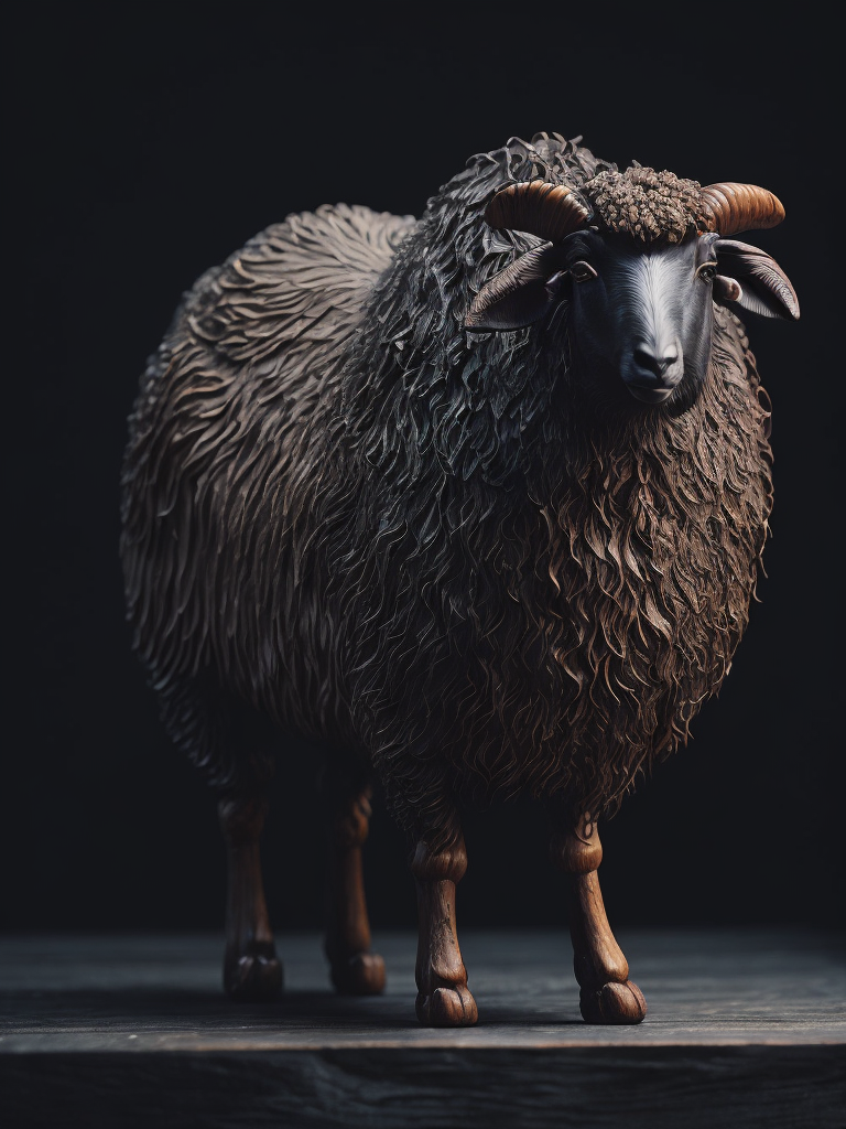 a wood carved sheep, deep carved details, black wood, deep atmosphere