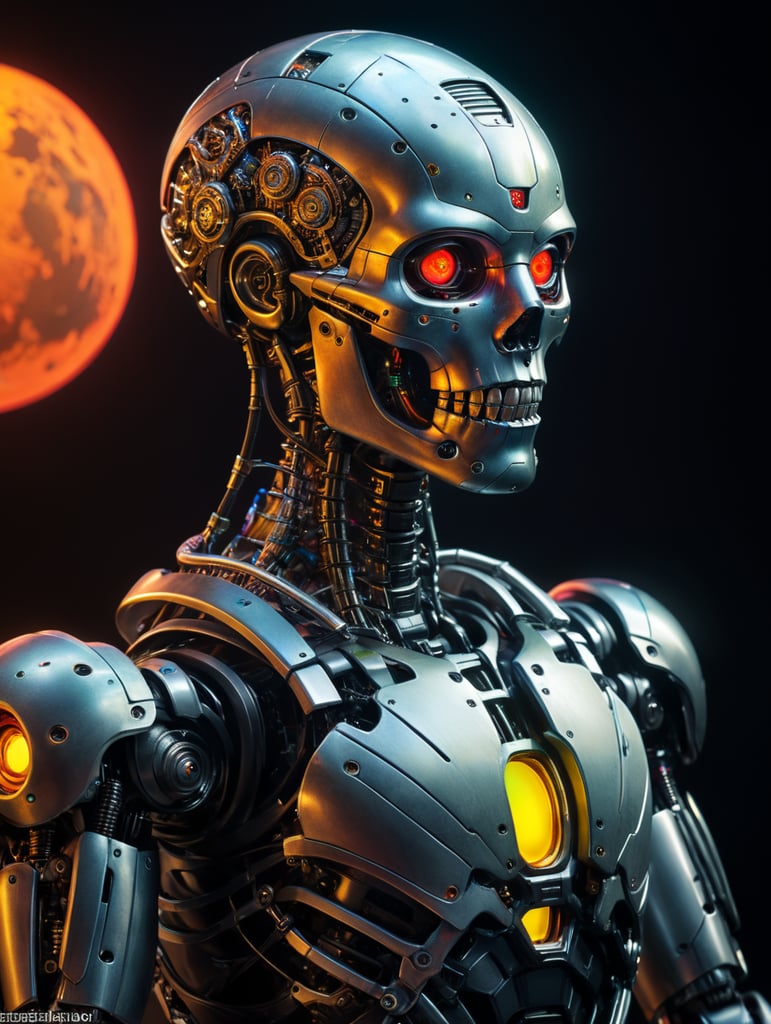 humanoid model portrait, beautiful, skeletal robot, hyperrealistic scene, spotlight, masterpiece, avantgarde, neon colors, full body pose, sci-fi, futuristic otherworldly planet scape, robot humanoids