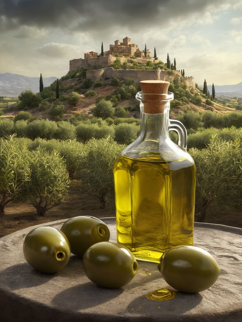 olive oil scene. green olives without holes drizzled with oil and clear bottles of olive oil. The olives should have the right texture, with the backdrop of an olive field and an ancient castle on the horizon.