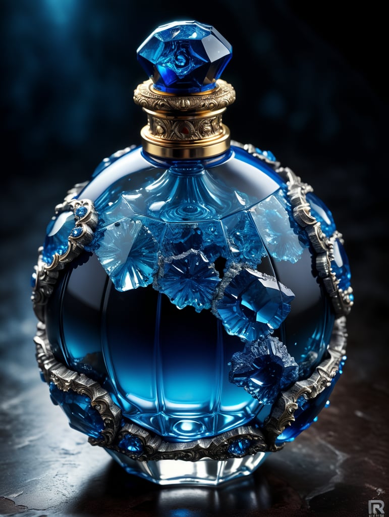 in the image a blue perfume bottle in the shape of an asteroid