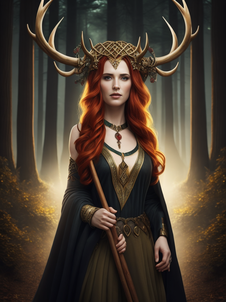 celtic pagan red haired woman wearing antlers on her head, regal goddess, beautiful, in a forest, wearing ancient goddess robes with celtic embroidery, wooden staff in her hand, dark evening background, stained glass style
