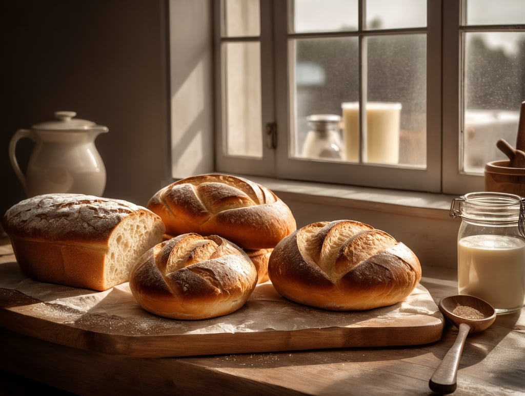 chief baker, yeast on table, bread, lighting from window, advertising, photography