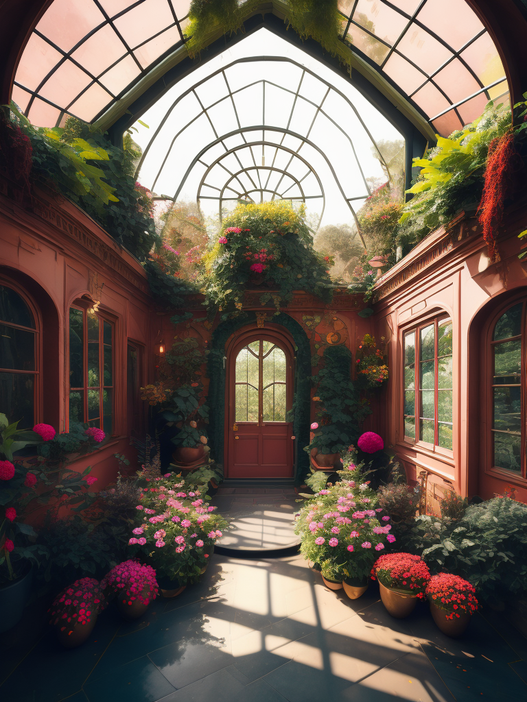 Architectural photo of a maximalist pink solar green house interior with lots of flowers and plants, golden light, hyperrealistic surrealism, award winning masterpiece with incredible details, epic stunning pink surrounding and round corners, big windows, art space, green house walls and celling