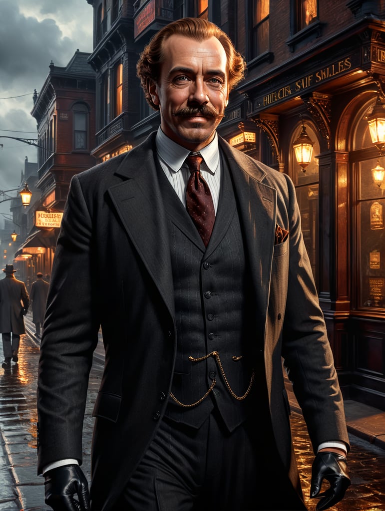Step into the world of H.H. Holmes, where a sharp suit and a charming smile hide a dark and twisted mind. Show us the shadows that hint at his true intentions as he confidently sells insurance to unsuspecting victims."