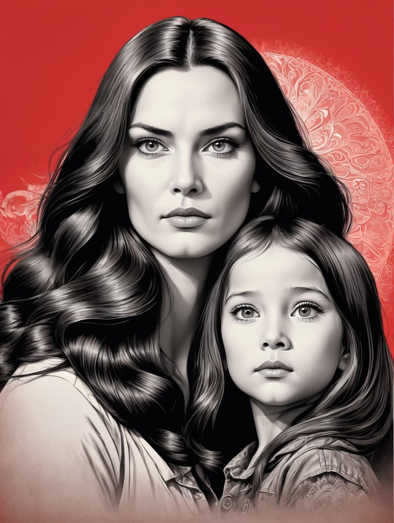 Kind beautiful mother with long hair, red background eye-catching poster-style drawing and illustration representing the iconic pulp style.