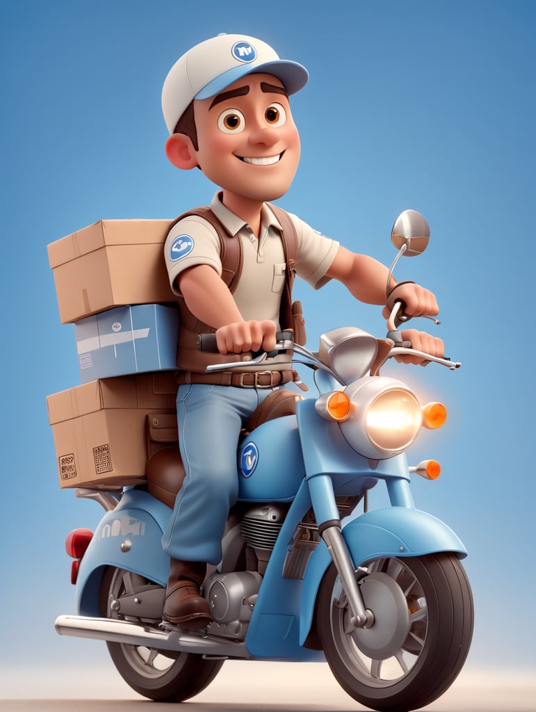 man on motorcycle making courier delivery with light blue background
