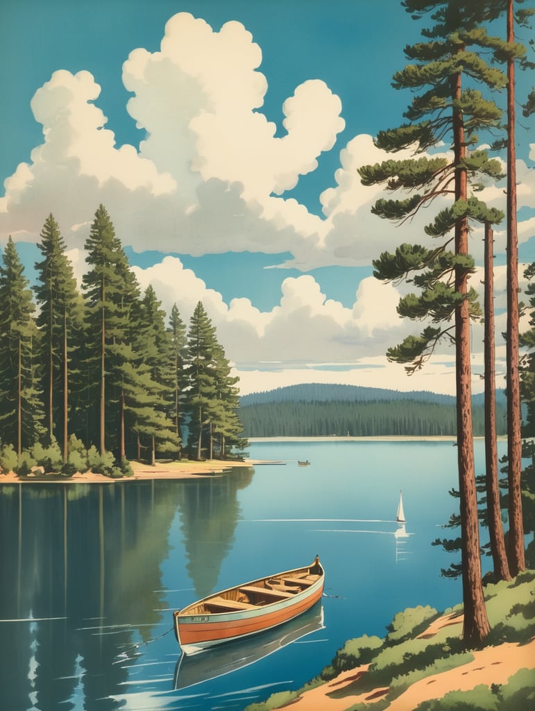 1940's colorful illustration of a lake with a boat, pine trees, blue skies with clouds
